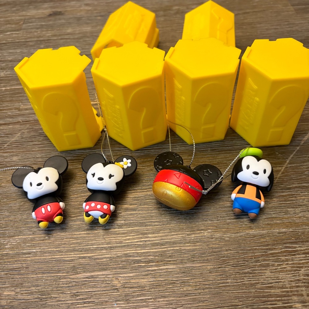 Disney Mickey Minnie Goofy Mystery Box Figures Ornaments Lot 4 w/ 4 Yellow Boxes